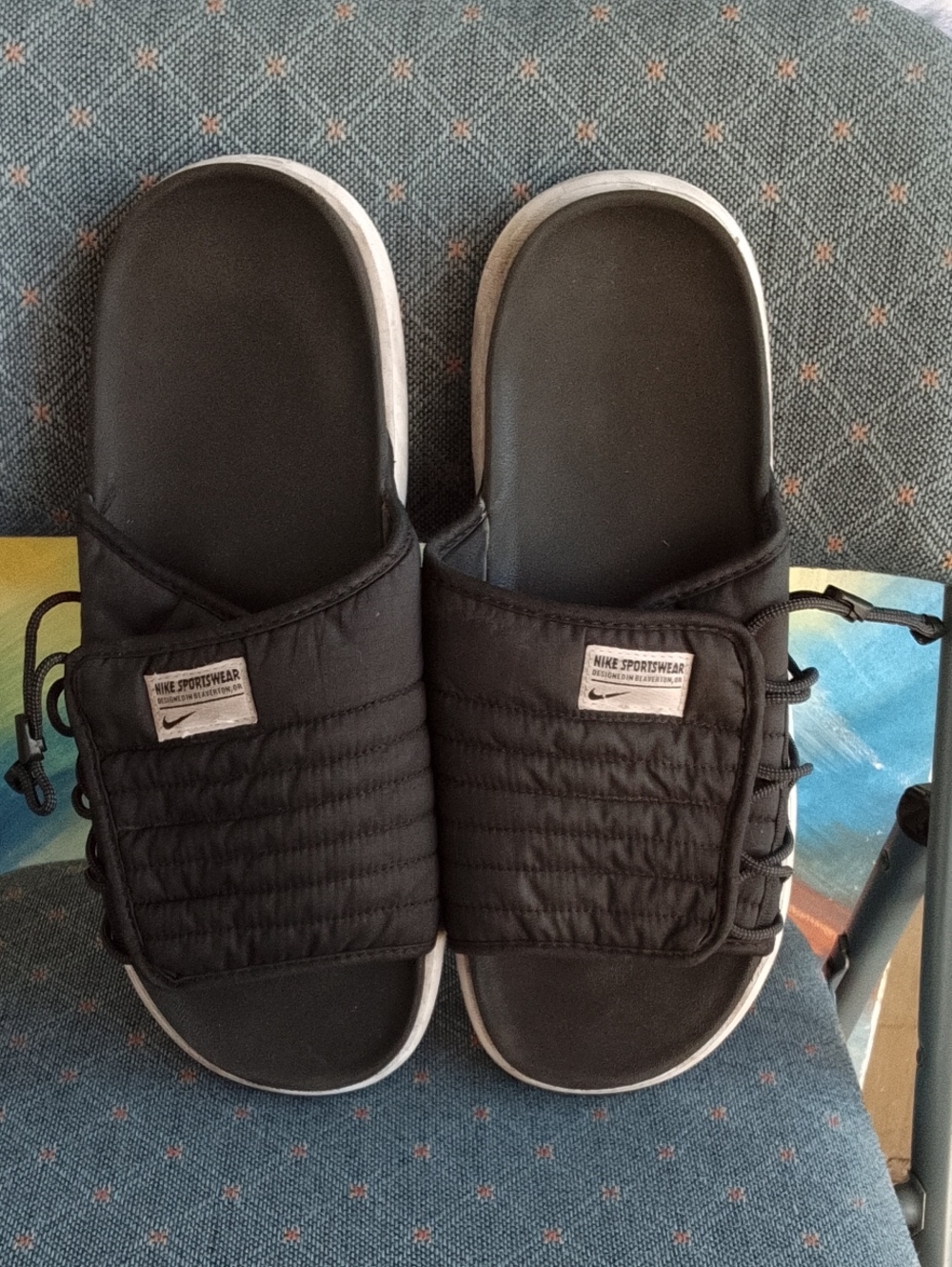 Nike Black Quilted Strap Slide Sandals with White Sole Edge